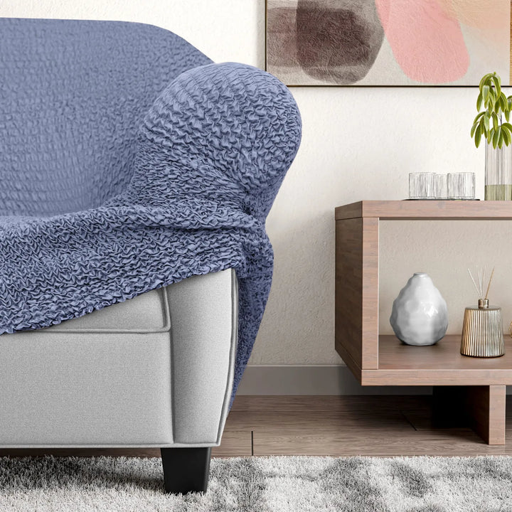 "Microfiber 3-seater recliner slipcover in light grey, versatile fit; transforms decor with protective, stylish cover."