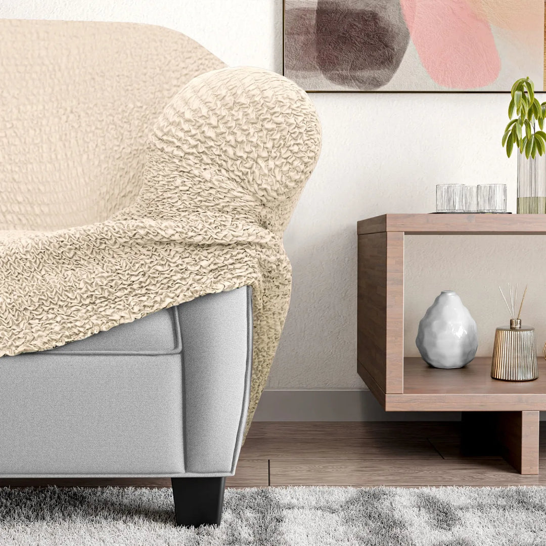 "Microfiber 3-seater recliner slipcover in light grey, versatile fit; transforms decor with protective, stylish cover."