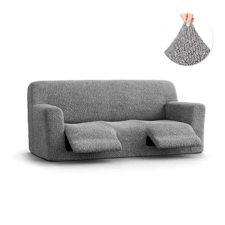 "Microfiber 3-seater recliner slipcover in light grey, versatile fit; transforms decor with protective, stylish cover."