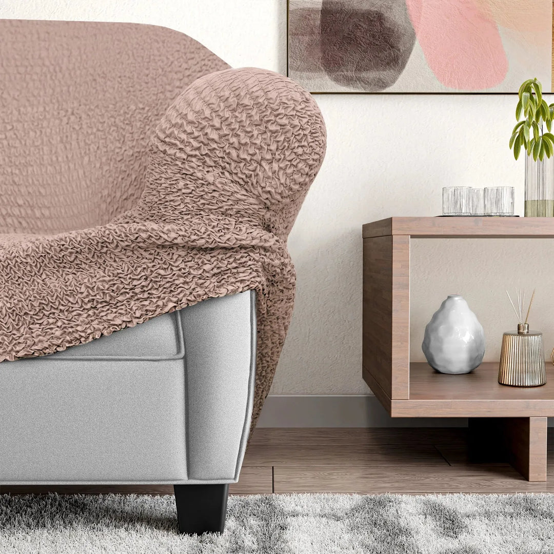 "Microfiber 3-seater recliner slipcover in light grey, versatile fit; transforms decor with protective, stylish cover."