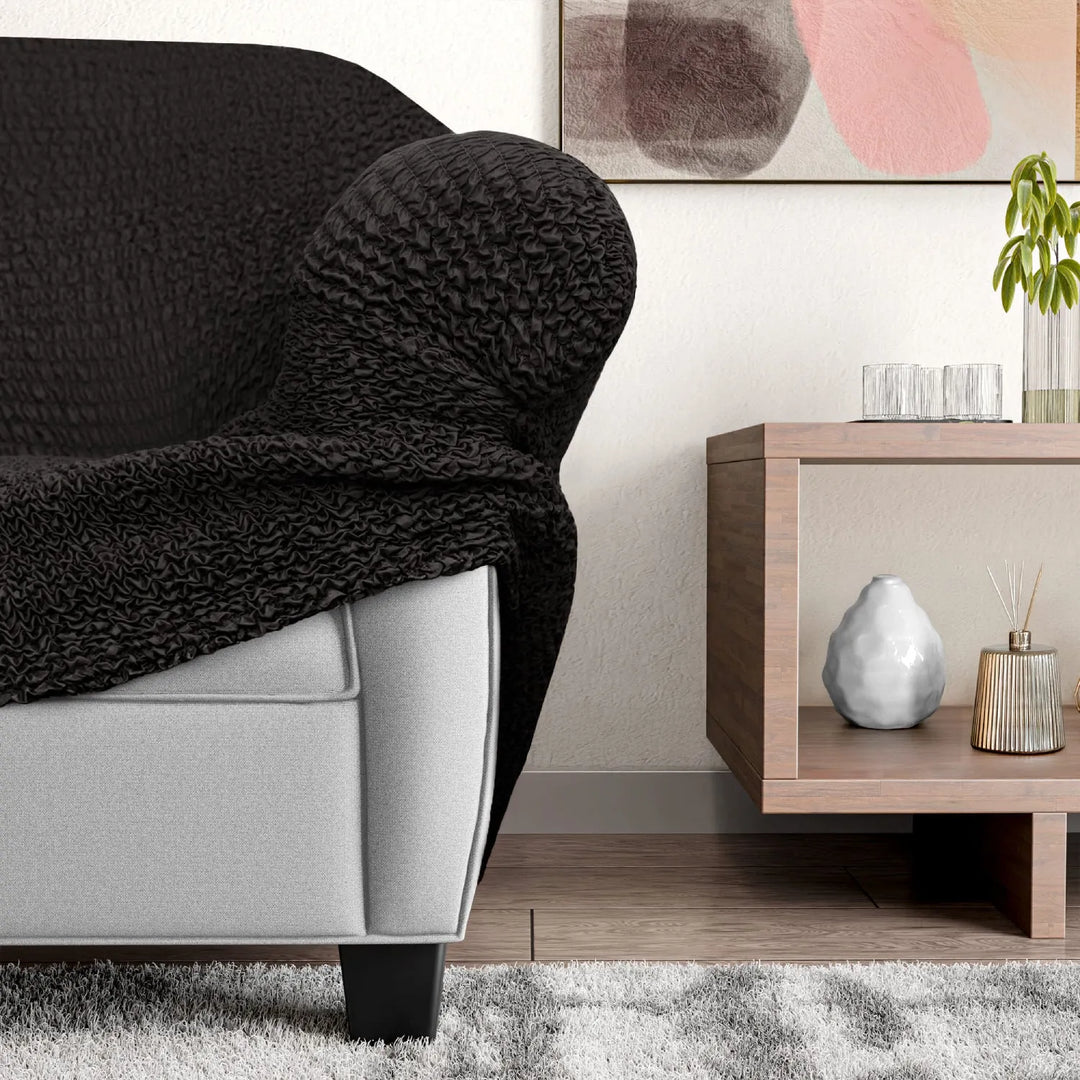"Microfiber 3-seater recliner slipcover in light grey, versatile fit; transforms decor with protective, stylish cover."