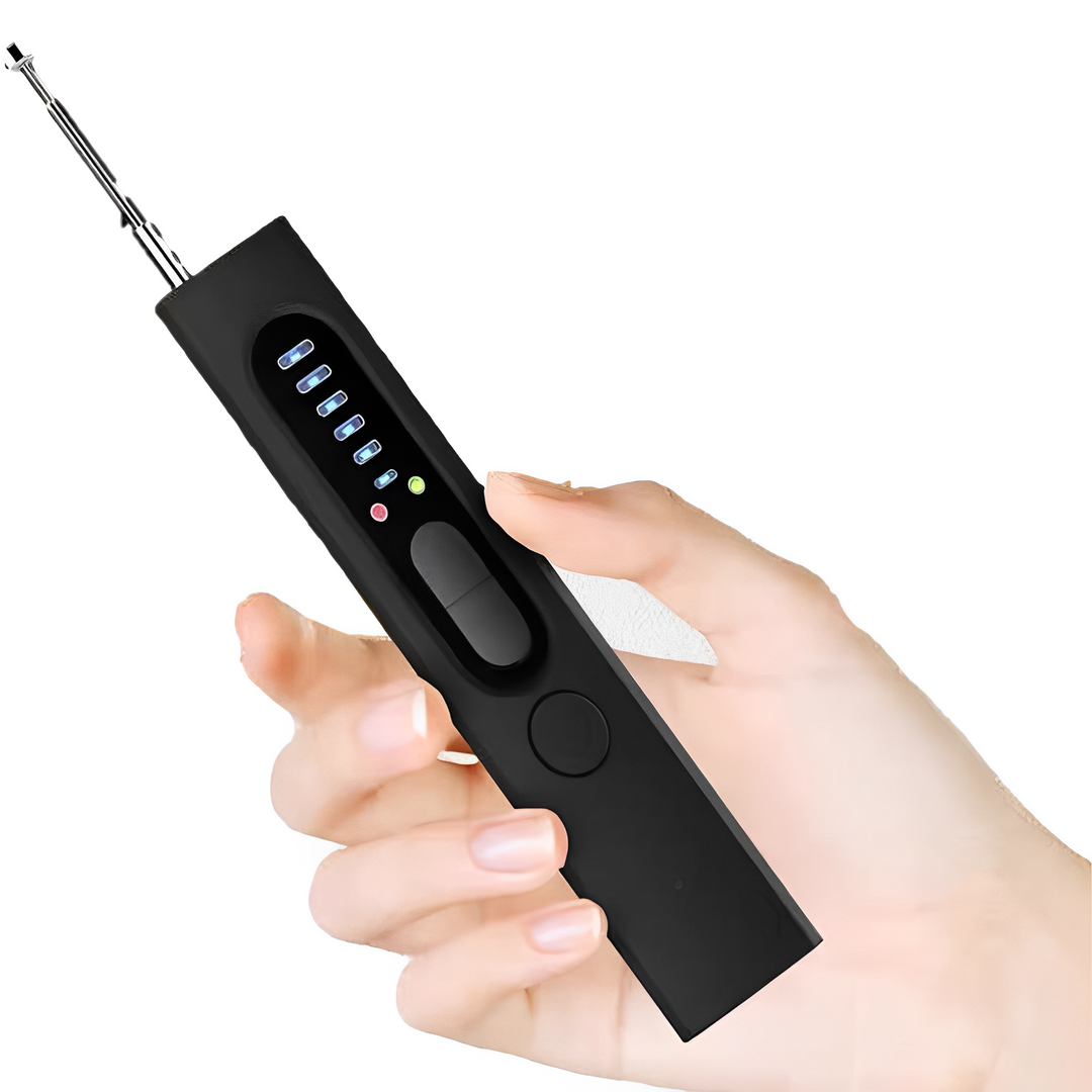 Military-grade hidden camera detector, RF & GPS detection, black, compact 4-in-1 device with flashlight function.