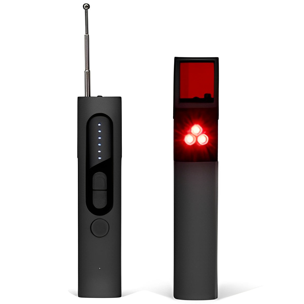 Military-grade hidden camera detector, RF & GPS detection, black, compact 4-in-1 device with flashlight function.