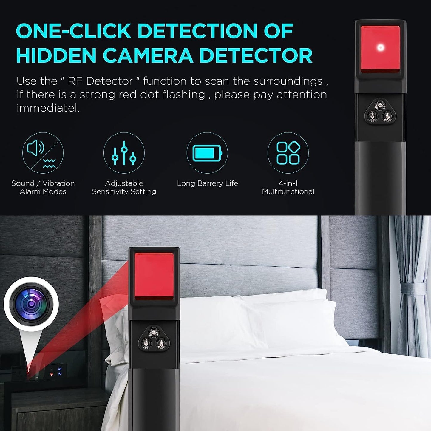 Military-grade hidden camera detector, RF & GPS detection, black, compact 4-in-1 device with flashlight function.