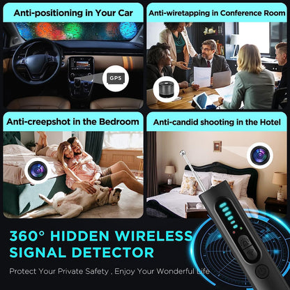 Military-grade hidden camera detector, RF & GPS detection, black, compact 4-in-1 device with flashlight function.