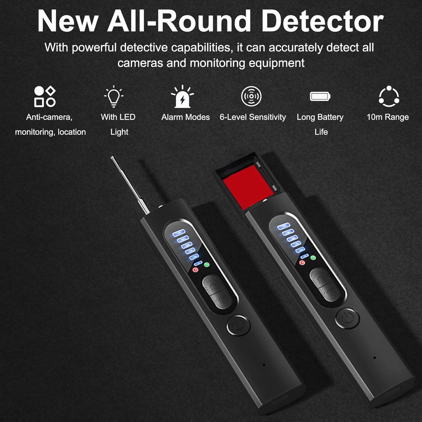 Military-grade hidden camera detector, RF & GPS detection, black, compact 4-in-1 device with flashlight function.