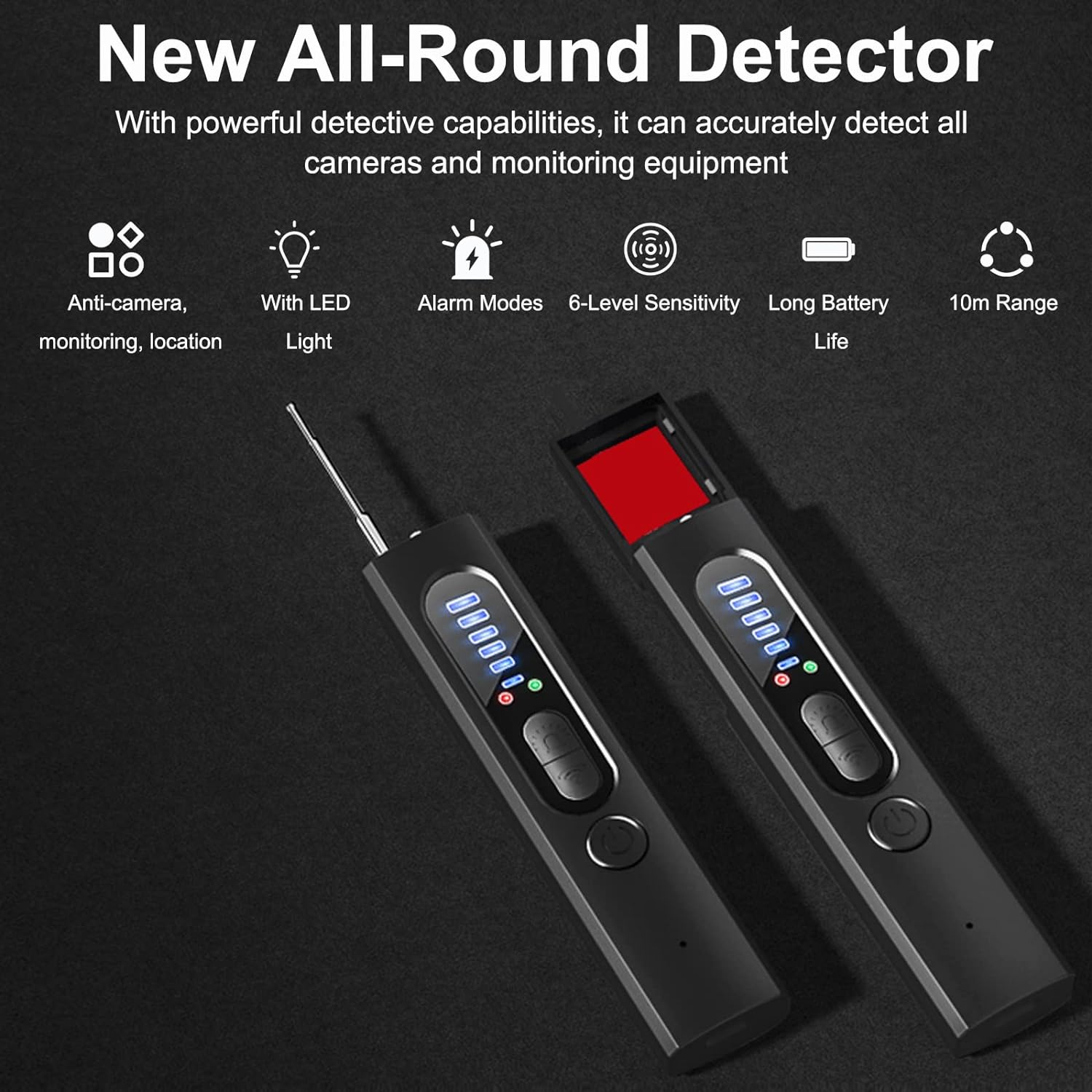Military-grade hidden camera detector, RF & GPS detection, black, compact 4-in-1 device with flashlight function.