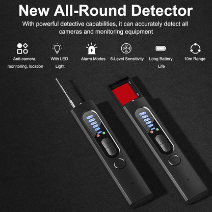Military-grade hidden camera detector, RF & GPS detection, black, compact 4-in-1 device with flashlight function.