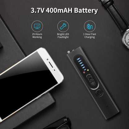 Military-grade hidden camera detector, RF & GPS detection, black, compact 4-in-1 device with flashlight function.