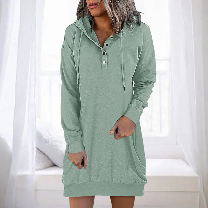 Women's comfortable long hoodie, Valeria, in a versatile minimalist design for casual and loungewear.