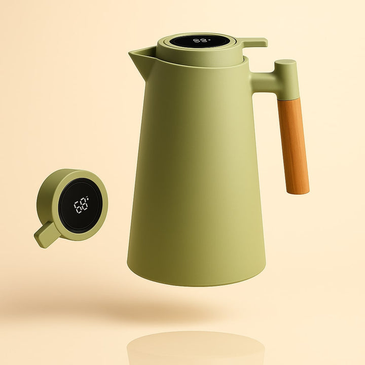 Elegant thermal coffee dispenser with a wooden handle and digital temperature readout for freshness.