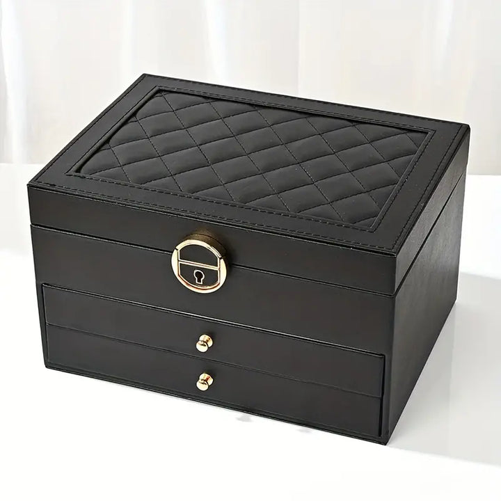 Elegant 3-tier leather jewelry organizer. Multi-layer storage for women's accessories & display.