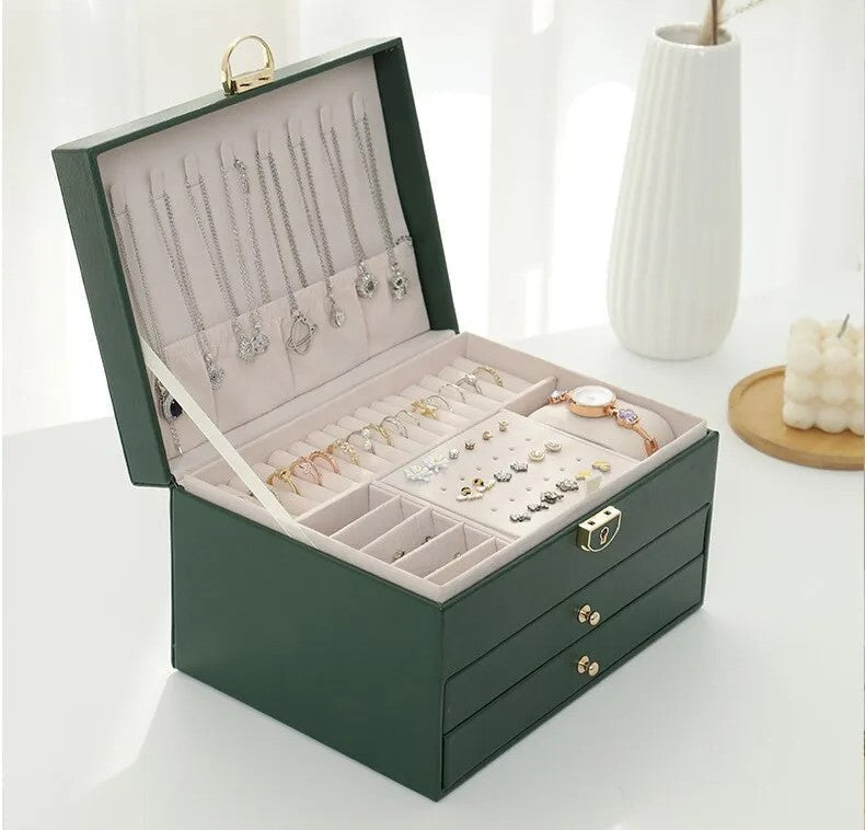 Elegant 3-tier jewelry organizer, perfect gift for women. Stylish leather storage for her accessories.