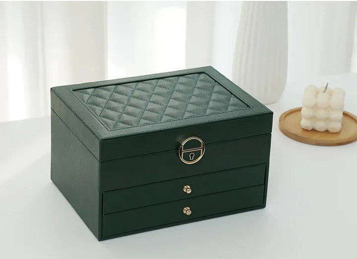 Compact 3-tier jewelry organizer, an elegant leather box for secure and stylish women's accessory storage.