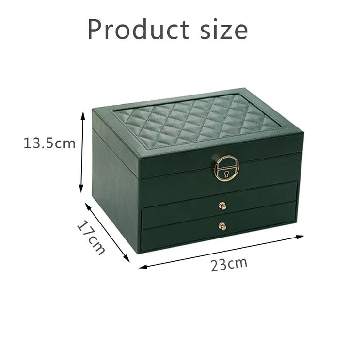 Securely closed 3-tier leather jewelry organizer, protecting women's accessories in an elegant storage box.