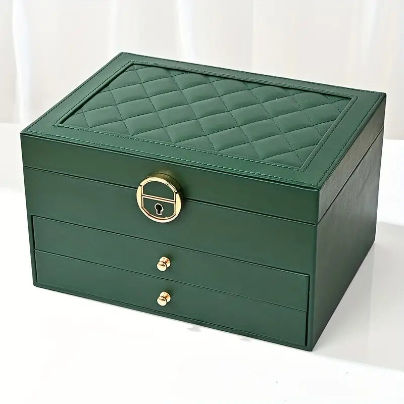Elegant 3-tier leather jewelry organizer for women. Multi-layer storage box, ideal for vanity.