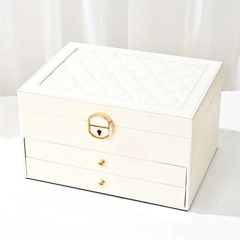 Luxurious 3-tier jewelry storage organizer, an elegant leather keepsake box enhancing any dresser decor.