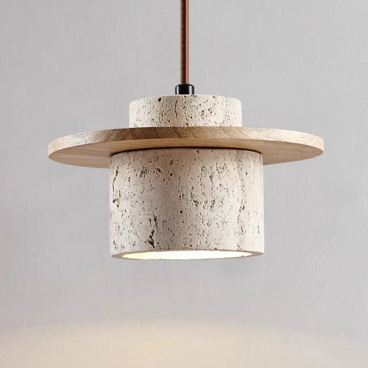 Natural Travertine Stone & Wood Ceiling Light for Interiors - Lexians