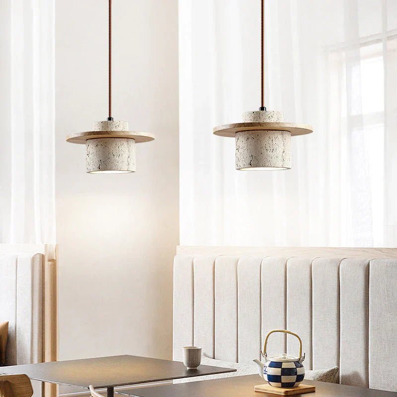 Natural Travertine Stone & Wood Ceiling Light for Interiors - Lexians