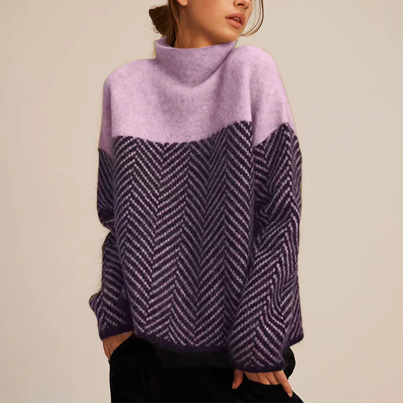 Navy blue herringbone knit sweater with stand-up collar, soft texture, relaxed fit. Women's hoodies and sweaters collection.