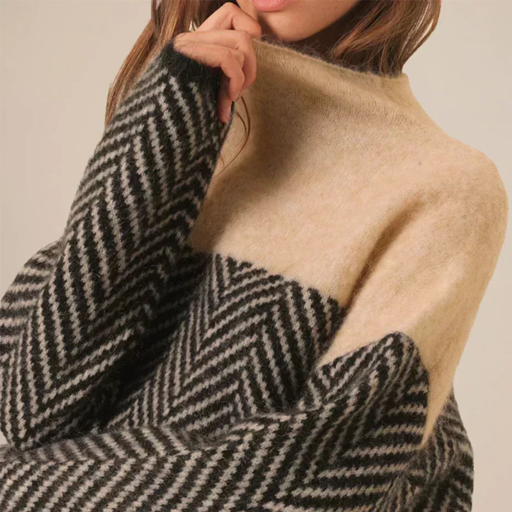 Navy blue herringbone knit sweater with stand-up collar, soft texture, relaxed fit. Women's hoodies and sweaters collection.