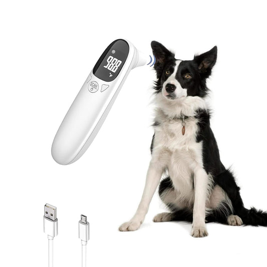 Non-contact infrared pet thermometer with LED display, advanced technology, measures ear temperature, hygienic design.