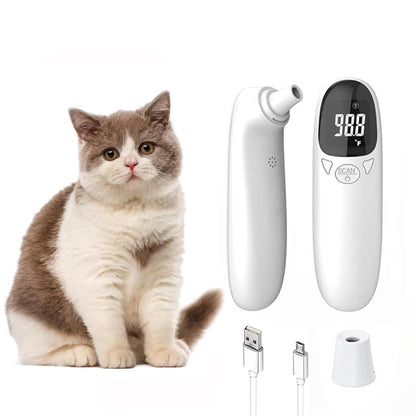 Non-contact infrared pet thermometer with LED display, advanced technology, measures ear temperature, hygienic design.