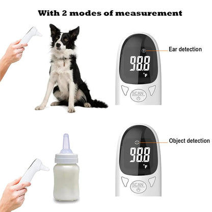 Non-contact infrared pet thermometer with LED display, advanced technology, measures ear temperature, hygienic design.