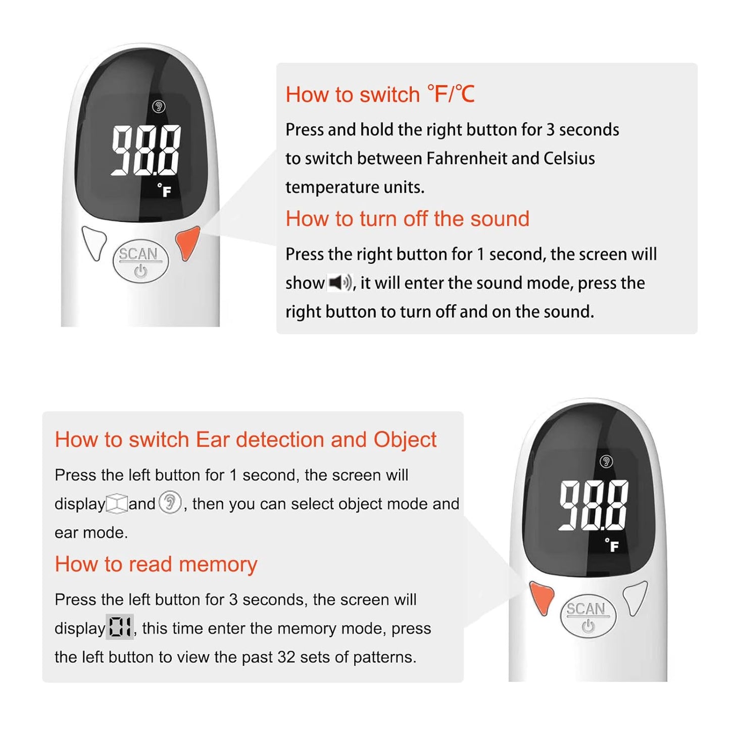 Non-contact infrared pet thermometer with LED display, advanced technology, measures ear temperature, hygienic design.