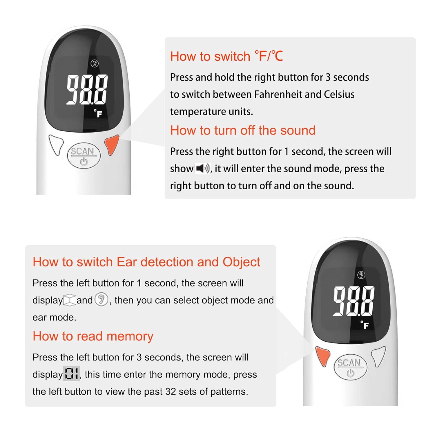 Non-contact infrared pet thermometer with LED display, advanced technology, measures ear temperature, hygienic design.