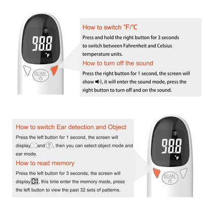 Non-contact infrared pet thermometer with LED display, advanced technology, measures ear temperature, hygienic design.