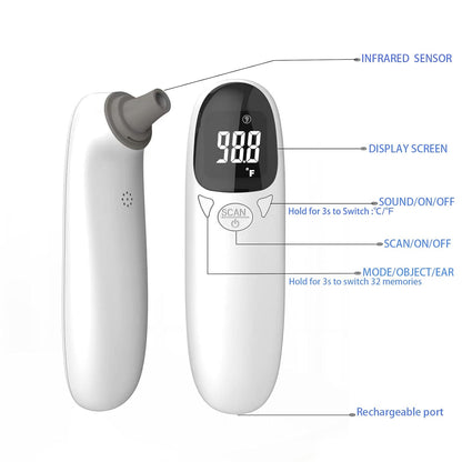Non-contact infrared pet thermometer with LED display, advanced technology, measures ear temperature, hygienic design.