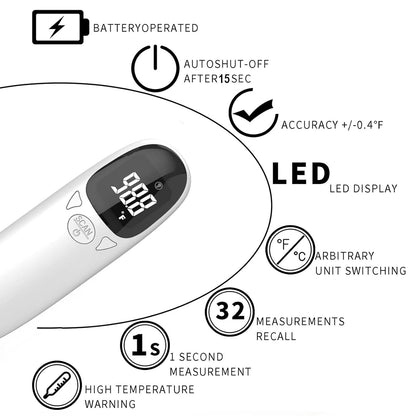 Non-contact infrared pet thermometer with LED display, advanced technology, measures ear temperature, hygienic design.