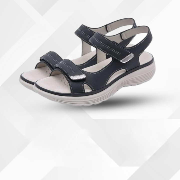 Pain relief women's sandals, ergonomic bunion relief design. Comfortable slip-on orthopedic footwear.