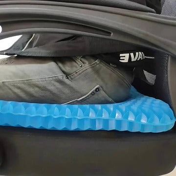 "Orthopedic gel seat cushion for tailbone support, blue honeycomb design, fits office chairs, cars, wheelchairs for comfort."