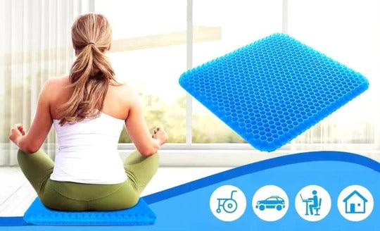 "Orthopedic gel seat cushion for tailbone support, blue honeycomb design, fits office chairs, cars, wheelchairs for comfort."