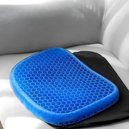 "Orthopedic gel seat cushion for tailbone support, blue honeycomb design, fits office chairs, cars, wheelchairs for comfort."