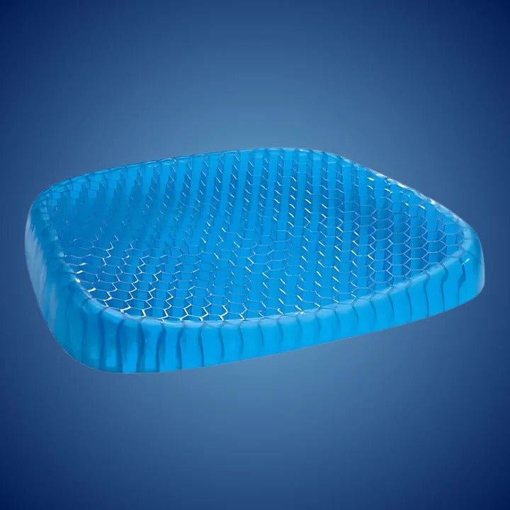 "Orthopedic gel seat cushion for tailbone support, blue honeycomb design, fits office chairs, cars, wheelchairs for comfort."