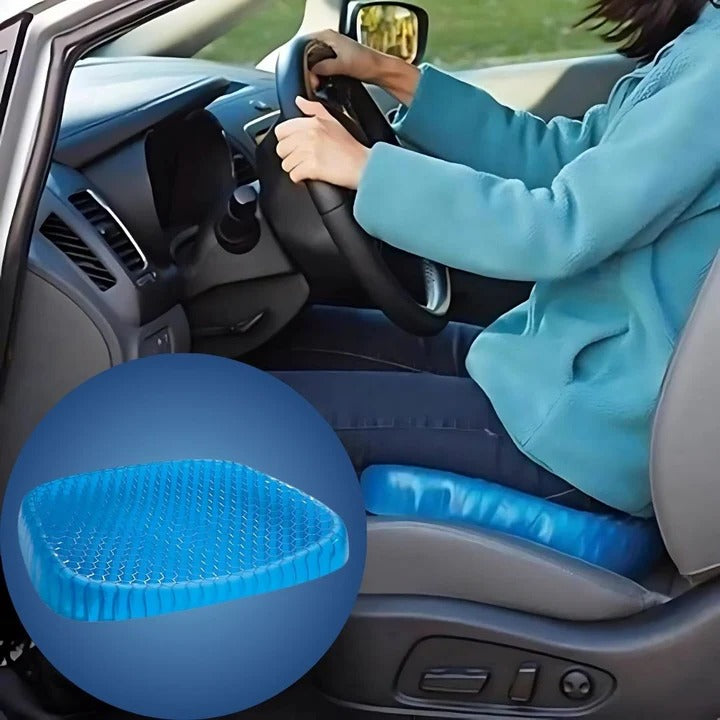 "Orthopedic gel seat cushion for tailbone support, blue honeycomb design, fits office chairs, cars, wheelchairs for comfort."