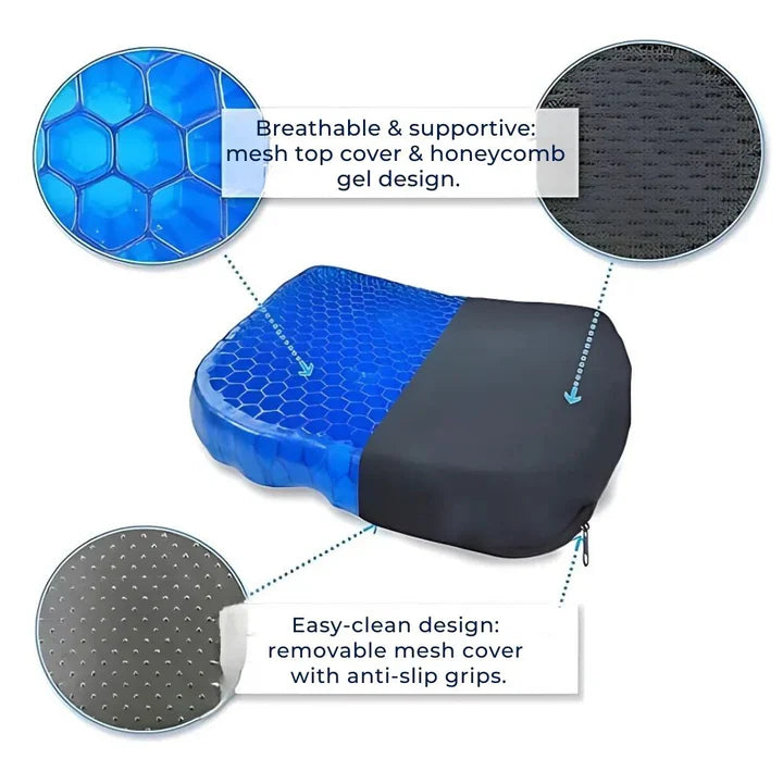 "Orthopedic gel seat cushion for tailbone support, blue honeycomb design, fits office chairs, cars, wheelchairs for comfort."