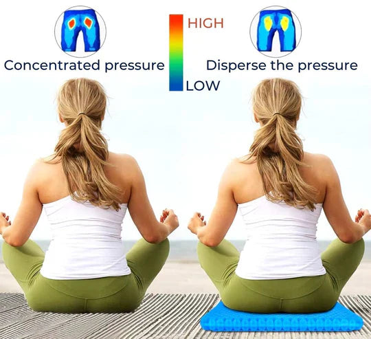 "Orthopedic gel seat cushion for tailbone support, blue honeycomb design, fits office chairs, cars, wheelchairs for comfort."