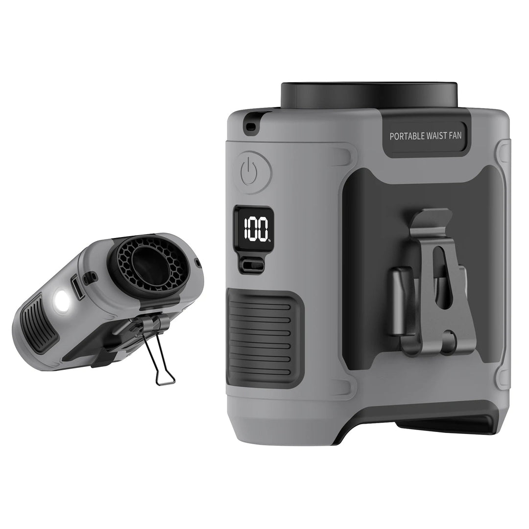 Outdoor 10000mAh waist fan with LED light, clippable, durable, and sweatproof, ideal for camping and hiking adventures.