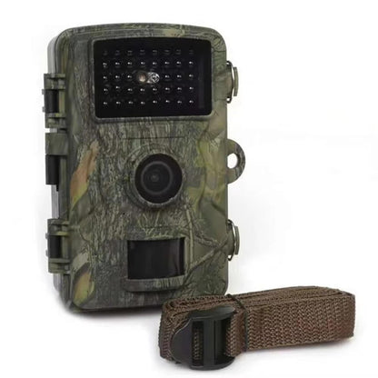 "Outdoor night vision wildlife trail camera capturing nocturnal wildlife with 16MP photos and HD videos in rugged terrain."