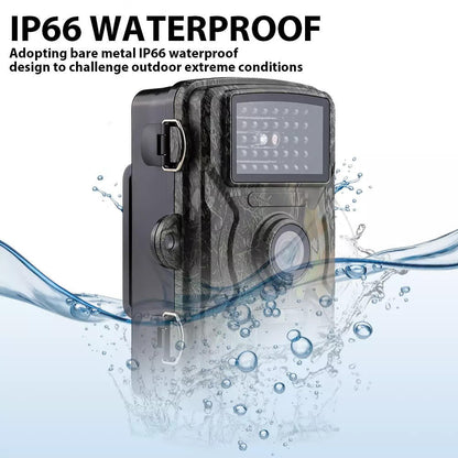 "Outdoor night vision wildlife trail camera capturing nocturnal wildlife with 16MP photos and HD videos in rugged terrain."