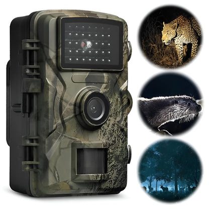 "Outdoor night vision wildlife trail camera capturing nocturnal wildlife with 16MP photos and HD videos in rugged terrain."