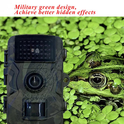 "Outdoor night vision wildlife trail camera capturing nocturnal wildlife with 16MP photos and HD videos in rugged terrain."