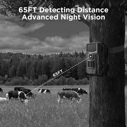 "Outdoor night vision wildlife trail camera capturing nocturnal wildlife with 16MP photos and HD videos in rugged terrain."