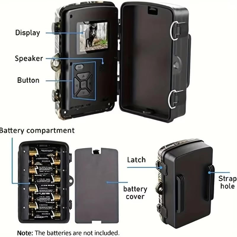 "Outdoor night vision wildlife trail camera capturing nocturnal wildlife with 16MP photos and HD videos in rugged terrain."