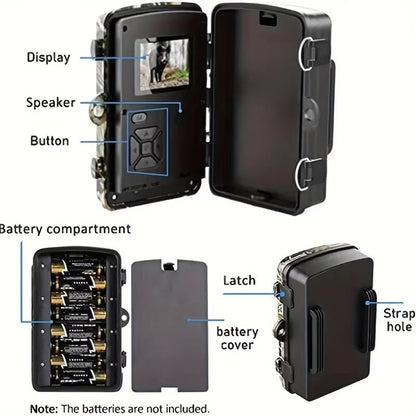 "Outdoor night vision wildlife trail camera capturing nocturnal wildlife with 16MP photos and HD videos in rugged terrain."