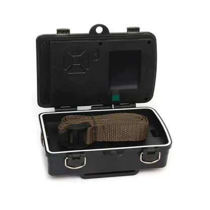 "Outdoor night vision wildlife trail camera capturing nocturnal wildlife with 16MP photos and HD videos in rugged terrain."
